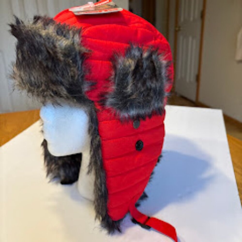 Red weather resistant Dakota Dan trooper hat with earflaps